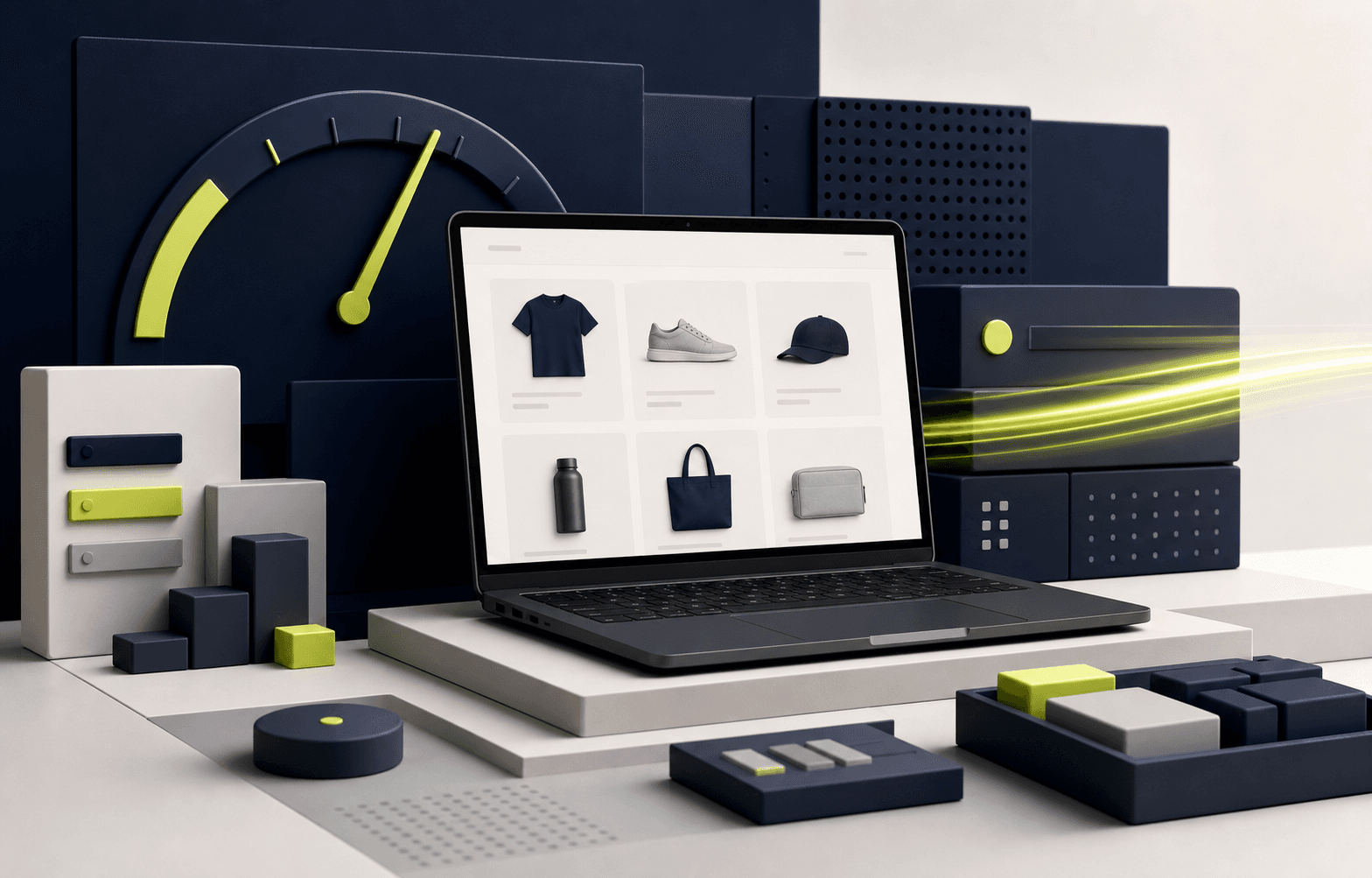 A high-performance ecommerce storefront surrounded by optimized components