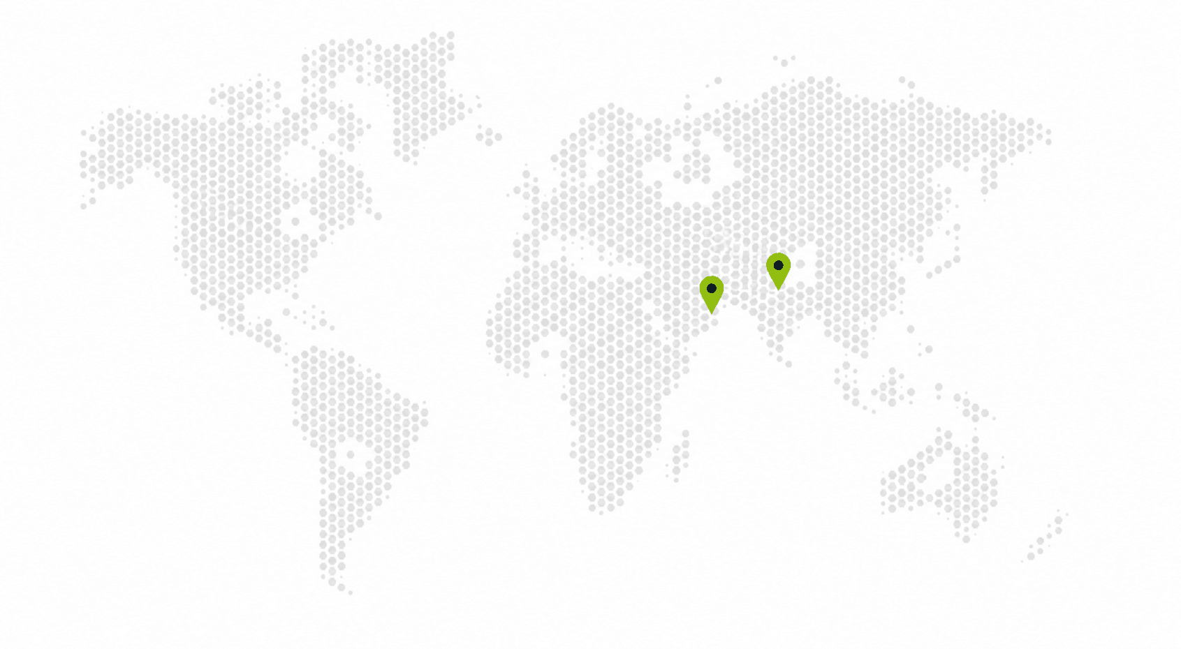 Dotted world map with separate CartLabs location markers in Dubai and Karachi